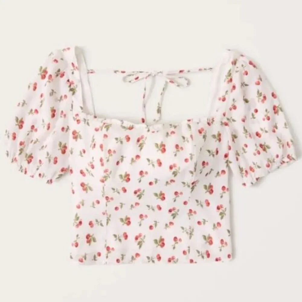 Abercrombie & Fitch Cherry Print Square Neck Puff Sleeve Top Small 51649